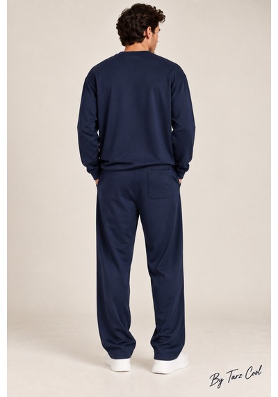 Tarz Cool Erkek Oversize %100 Oyşo Bisiklet Yaka Sweatshirt Bol Paça Alt Üst Takım Lacivert