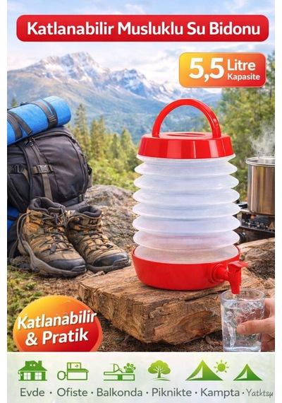 Katlanabilir Musluklu Su Bidonu 5,5 Litre Taşınabilir, Pratik, Kamp & Piknik İçin Kırmızı