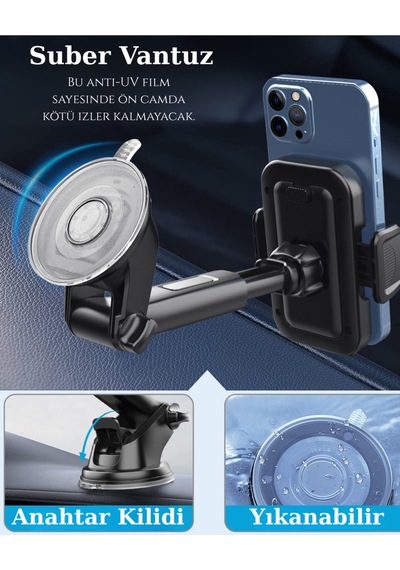 Vakumlu Araç İçi Telefon Tutucu Cam & Torpido Uyumu, 360 Ayarlanabilir Siyah