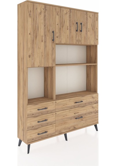 Arges Dolap 8 Raflı 5 Çekmeceli 3 Kapaklı 132x30x195 Çam-çam/çam Çam