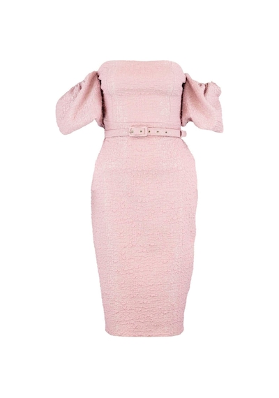 Ersefa Moda Fit Mezuniyet Balo Jakar Dokuma Carmen Yaka Kısa Kol Bodycon Pembe