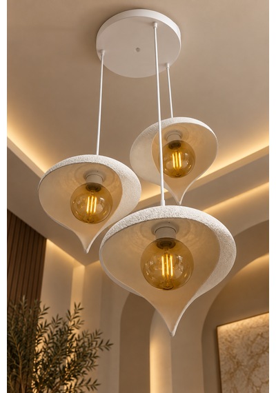 Beton Görünümlü 3'lü Su Damlası Sarkıt Avize Modern Bohem Salon Yemek Masası 3 Rustik Led Ampul Hediyeli Beyaz