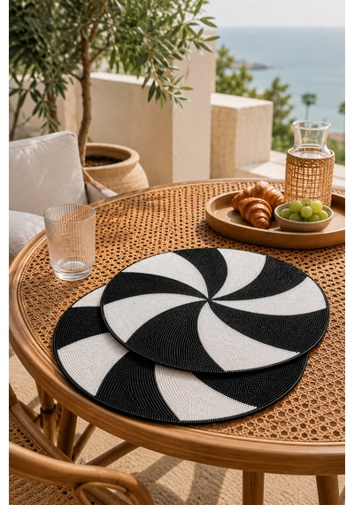 Boncuk İşlemeli Amerikan Servis 2'li Set Yuvarlak Supla 36x36 Cm Siyah Beyaz Siyah - Beyaz