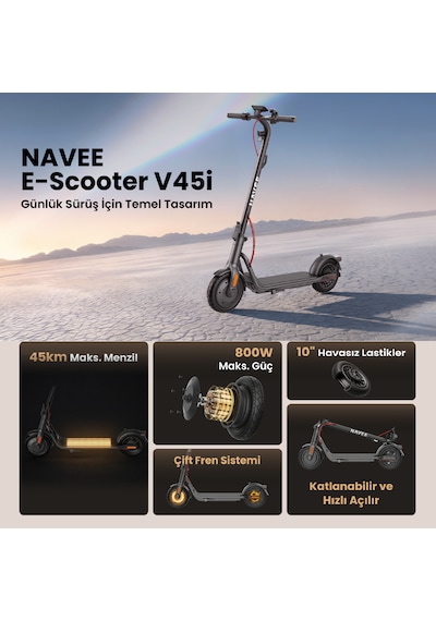 V45i Elektrikli Scooter 800w Güç, Tcs, 45 Km Menzil, %20 Eğim, 120 Kg Taşıma Kapasite, Bms Siyah