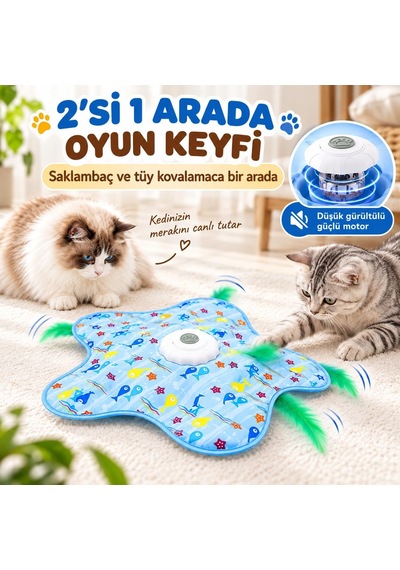 İnteraktif Kedi Oyuncağı - Otomatik Hareketli Tüy, Saklambaç Oyun Matı - 3 Modlu, Dokunmatik Aktivasyonlu, Usb Şarjlı Elektronik Evcil Hayvan Eğlence Oyunu