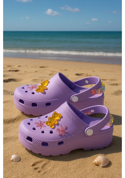 N Moda Jelibonlu Boncuklu Kız Çocuk Sandalet-terlik Mor