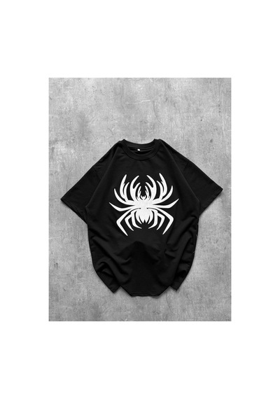 Erkek Örümcek Baskılı Tişört Kısa Kollu Bisiklet Yaka T-shirt - Siyah