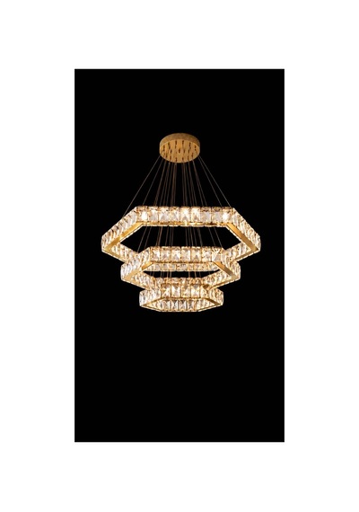 Kristal Taşlı Led Avize Modern Lüks Sarkıt 3 Renk Kumandalı Altıgen Salon Villa Avizesi Altın