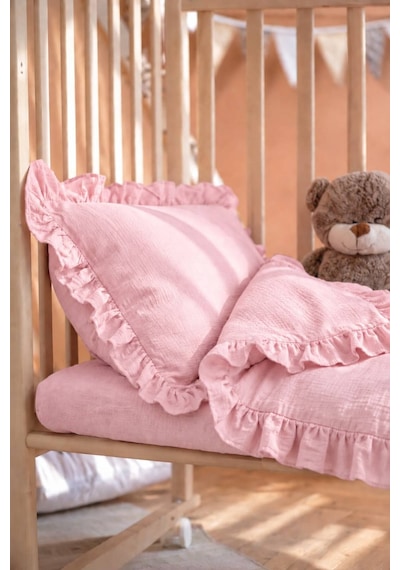 H&c Cool Boy Bebek Müslin Nevresim Takımı 4 Parça 100x150 CM Çarşaflı 2 Yastık Kılıflı Fırfırlı Toz Pembe