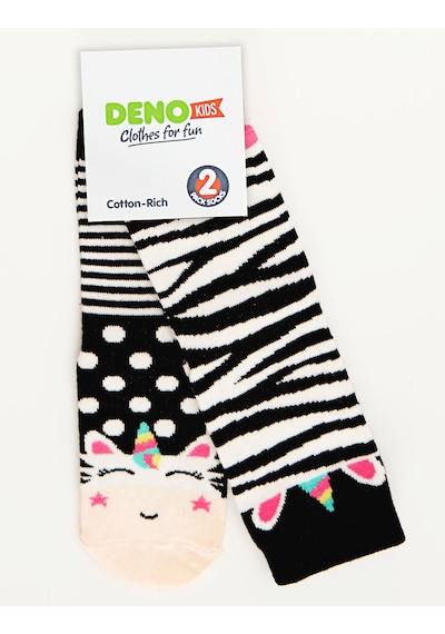 Kız Çocuk Zebra Desenli Pamuklu Siyah 2'li Paket Çorap 2-9 Yaş