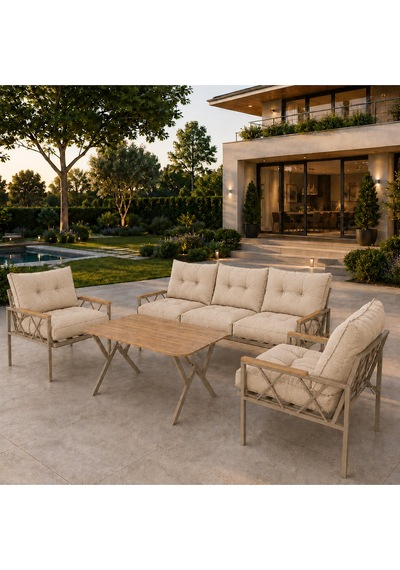 Miray Cappuccino 311 Masalı Bahçe & Balkon Oturma Grubu 3+1+1 Metal İskelet, Bej Minderli