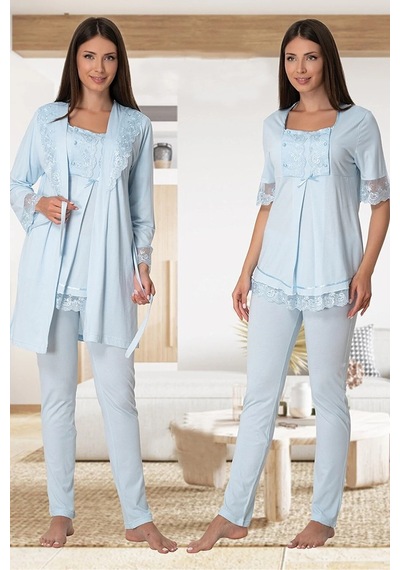 Effortt Dvina Lohusa Hamile Sabahlıklı Dantel Detaylı Ve Kısa Kollu Pijama Takımı -3'lü Set- Mavi Mavi