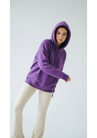 Hoxie Unisex Rahat Kesim Pamuklu Yumuşak Dokulu İçi Polarlı Basic Desenli Kapüşonlu Sweatshirt Mor