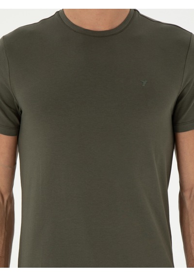 Haki Slim Fit Bisiklet Yaka Merserize Basic T-shirt Yeşil