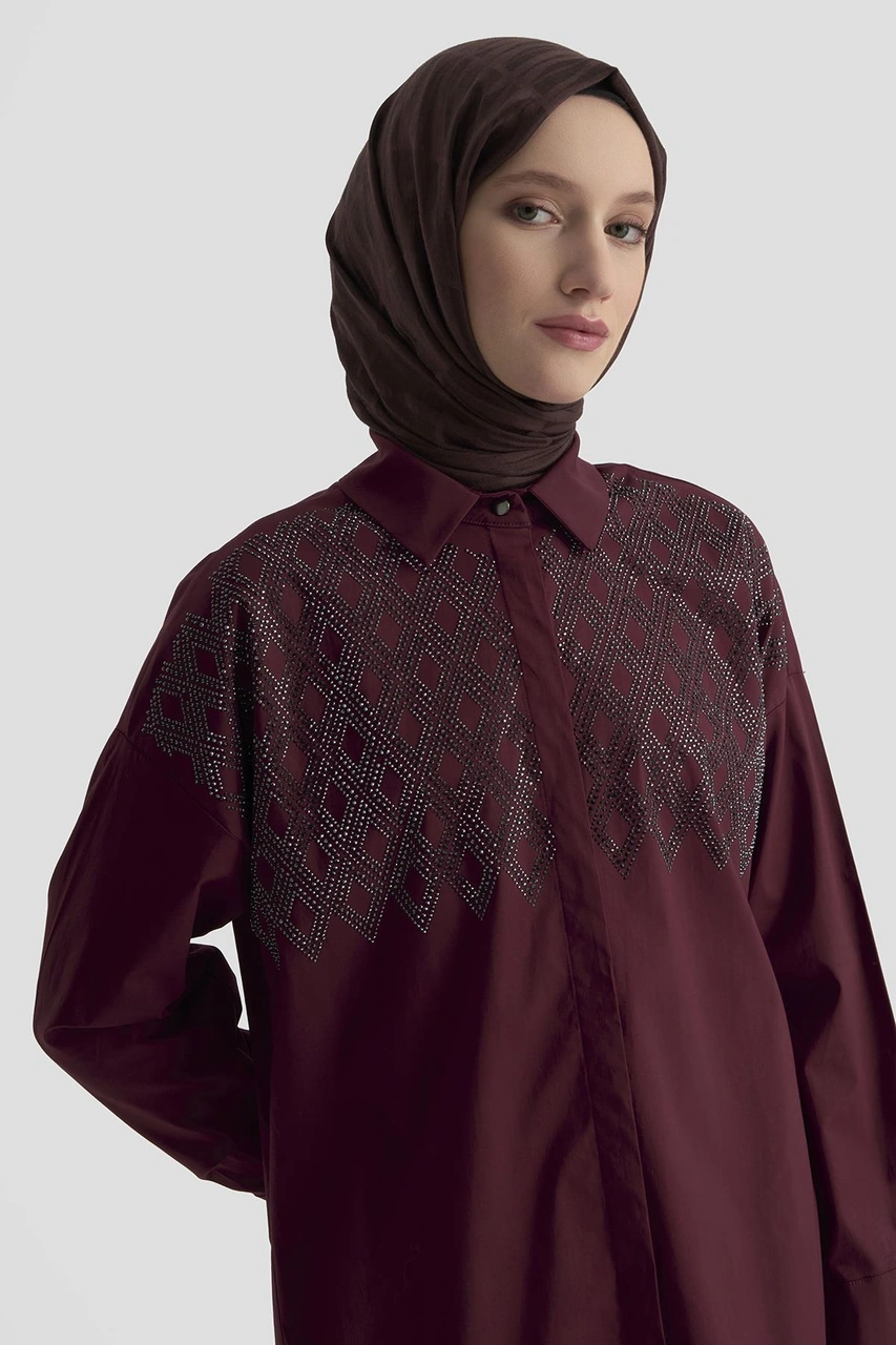 Armine Trend Taş İşlemeli Gizli Düğmeli Tunik-vişne 25kt419 Vişne