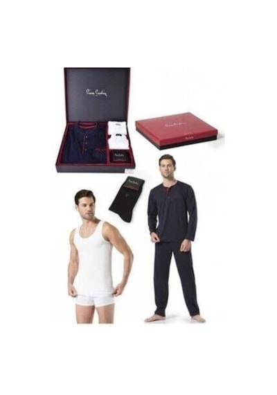 Pierre Cardin Lacivert Uzun Kol Pijama Takımı + Atlet + Boxer + Çorap + Kemer + Cüzdan Seti