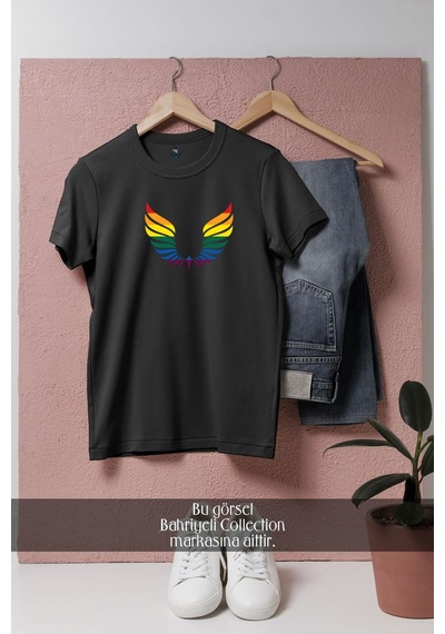 Oversize Wings Lgbt Colors Tasarımlı Unisex T-shirt Siyah