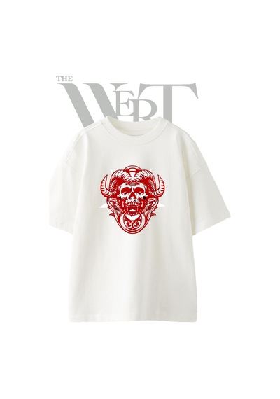 Thewert Horned Skull Tasarım Baskılı Ünisex Beyaz Oversize T-shirt