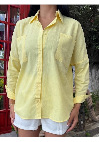 WeShaya Sarı Oversize Cepli Pamuklu Polyester Gömlek Sarı