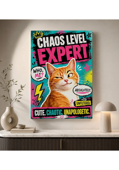 Bk Gift Chaos Level Expert Yazılı Turuncu Kedi Pop Art Eğlenceli Ve Renkli Kanvas Duvar Tablosu 50x70 Cm