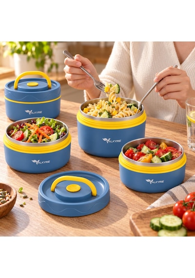 Valkyrie 3 Göz Taraftar 304 Paslanmaz Çelik Yemek Lunch Box 420+420+550 Ml Isı Yalıtımlı Çantalı Lacivert