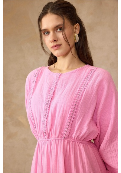 Olcay Şerit Detaylı Beli Lastikli Müslin Elbise Pembe 9453-e