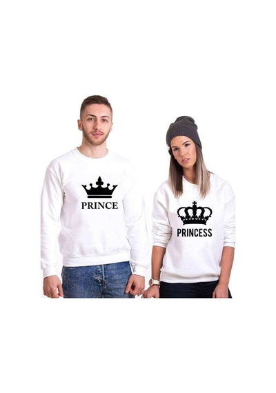 Tshirthane Prince Princess Sevgili Kombinleri Unisex Sweatshirt Kırık Beyaz