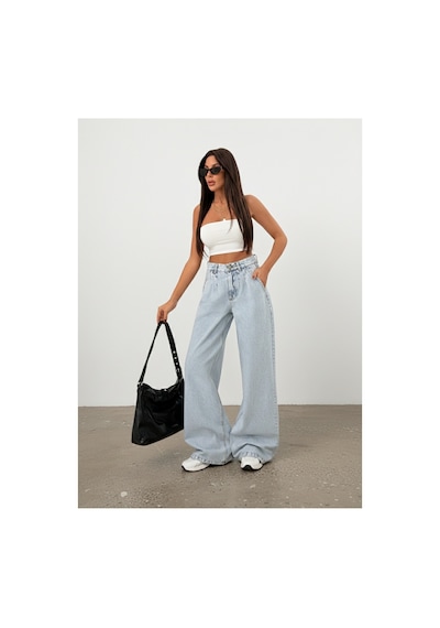 Bluemarlin Tam Kalıp Buz Kar Yüksek Bel Ön Arka Pensli Bol Paça Baggy Jeans Buz Kar
