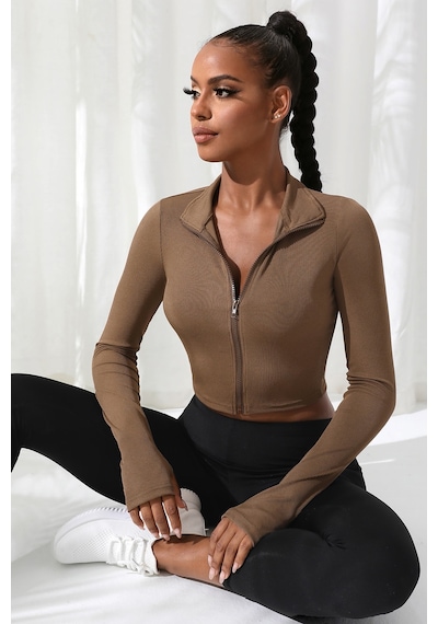 Fantezia Night Kadın Kahverengi Uzun Kol Fermuarlı Parmak Geçme Detaylı Dik Yaka Crop Top Bluz