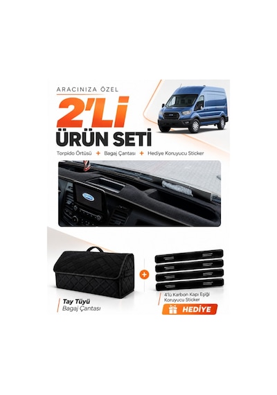 E-biz Ford Transit Tip 1 2020-2025 Uyumlu Torpido Örtüsü + Tay Tüyü Bagaj Çantası - Siyah - Fo032