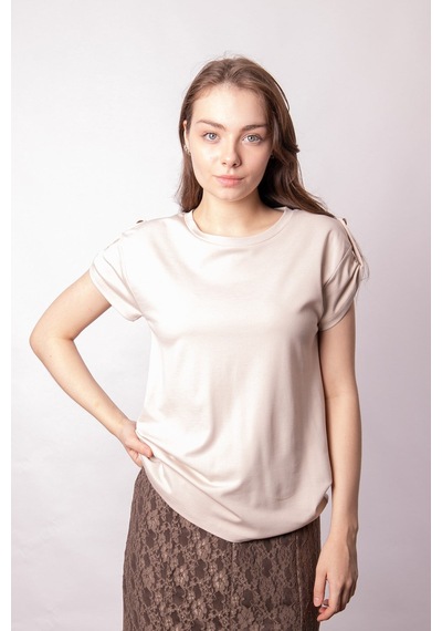 Kadın Modal Penye Geniş Sıfır Yaka Düşük Omuzlu Apoletli Kısa Kol T-shirt Bluz-bej Bej