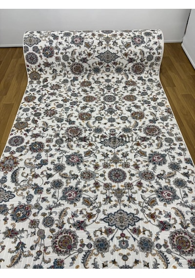 Otantik Çiçekli Desen Saçaklı Mavi Krem Kaymaz Taban Yıkanabilir Kesme Yolluk Halı Çok Renkli