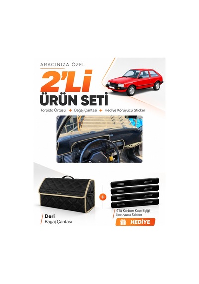 Mazda 323 Bd Eski Kasa 1980-1985 Uyumlu Torpido Örtüsü + Deri Bagaj Çantası + Sticker - Siyah Bej