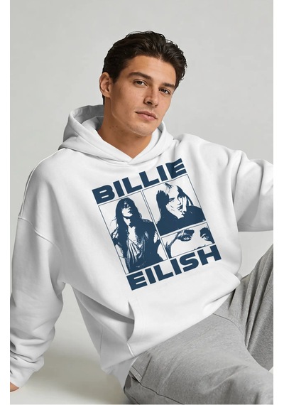 Sevbano Billie Eilish Şarkıcı Sırt Baskılı Unisex Oversize Premium Hoodie beyaz