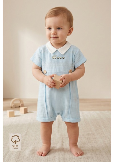 Minory Baby - %100 Pamuk Müslin Bebek Tulum Tren Nakışlı Yakalı Mavi Mavi