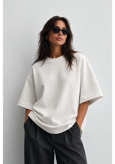 Modivibe Kadın Oversize T-shirt Kalın Dokulu %100 Pamuk Geniş Kesim Beyaz