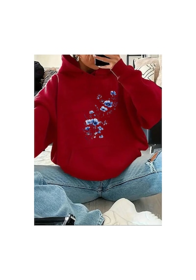 Herkesemoda Mavi Çiçekler Baskılı Kapüşonlu Sweatshirt Kırmızı