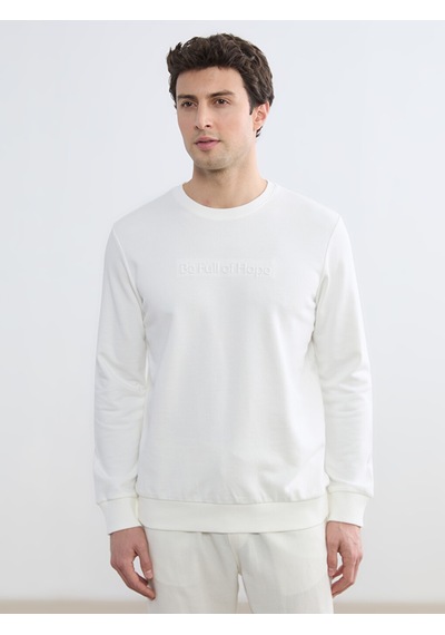 Lcwaıkıkı Classic Beyaz Bisiklet Yaka Baskılı Erkek Sweatshirt