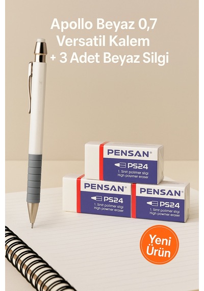 Apollo Beyaz 0.7 Versatil Kalem + 3 Adet Beyaz Silgi Beyaz