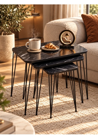 Odera Bendir Siyah Mermer Desenli Zigon Sehpa 3'lü Set Metal Tel Ayaklı Modern Retro Salon Sehpası Diğer
