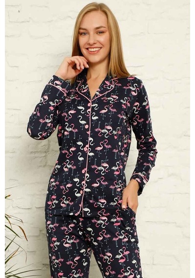 Alimer Filamingo Desen Kadın Uzun Kollu Pijama Takım Edy2607Uy-L