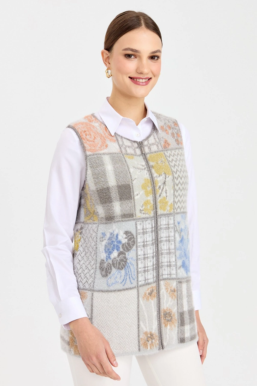 Desen Triko Kadın Sıfır Yaka Patchwork Yelek K.gri K.GRİ