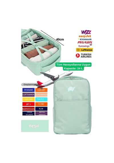 Jet Turtle Seyahat Sırt Çantası 40cm 40x25x15 Cm Pegasus, Wizz Air, Ryanair, El Valizi Koltuk Altı Valizi Yeşil