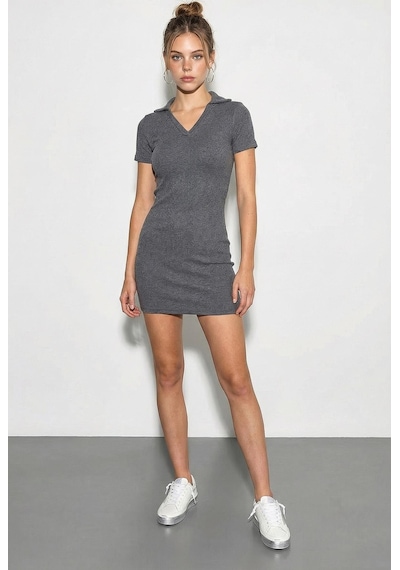 Shade Kadın Kaşkorse Polo Yaka Mini Basic Elbise 60284008 - Gri