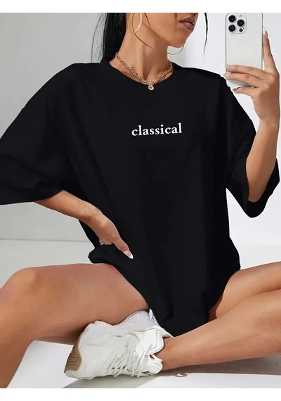 Kadın T-shirt Penye Compack Classical Baskılı Kısa Kol Tişört - Siyah