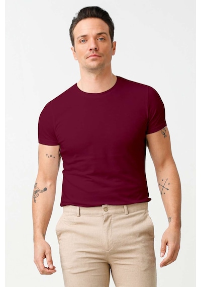 Erkek Bordo Standart Bisiklet Yaka Tişört-9487 Bordo