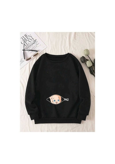 Caxis Kadın Fermuar Bebek Baskılı Hamile Oversize Bisiklet Yaka Sweatshirt Siyah