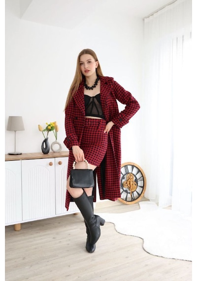 Neşeli Butik Kadın İthal Kaşe Kumaş Etek Ve Kaban İkili Takım Nbemp2576 bordo