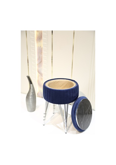 Bianco Metal Ayaklı Sehpalı Puf Krom Koyu Mavi Chrome Dark Blue