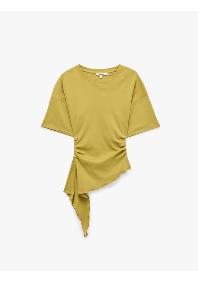 Koton Pamuklu Slim Fit Kısa Kollu Fırfırlı Drapeli Asimetrik Kesim Tişört Haki 7wak50079ek